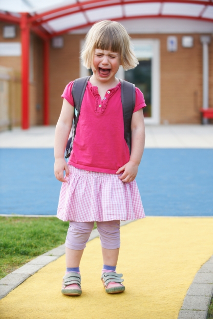 Little Crying Girl Standing Outside School